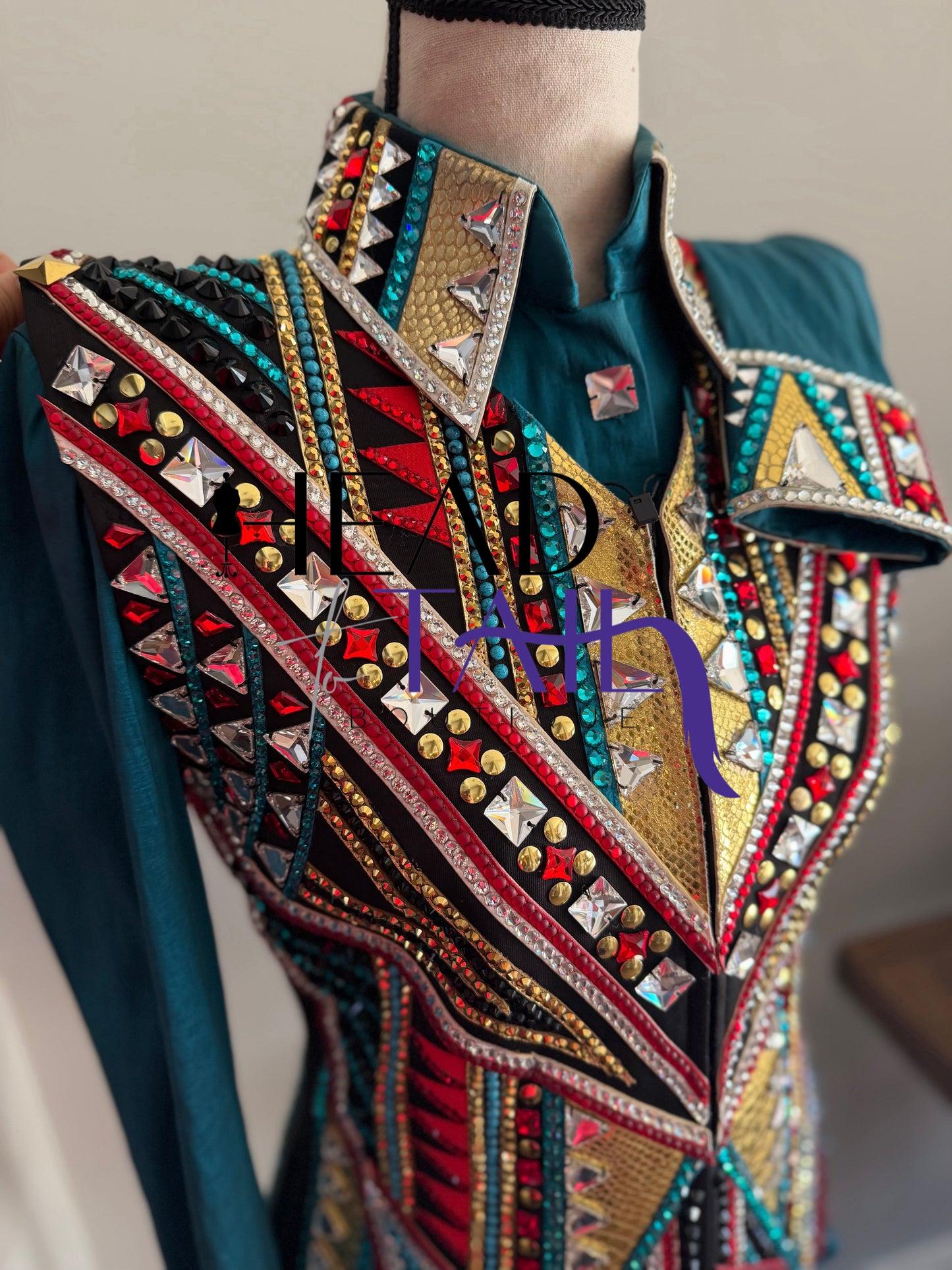 Lindsey James Show Clothing Jade, Red, Gold & Crystal Shirt & Vest- Appx Medium