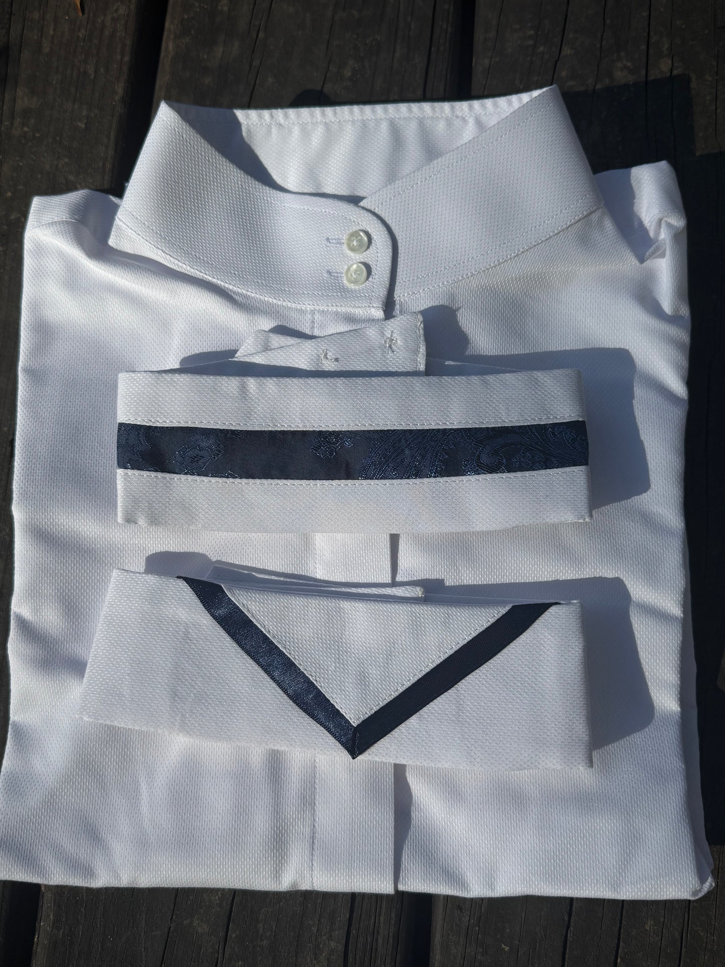 Boo Yah White Shirt with Navy Print Stripe and Navy V Collars - Size 38