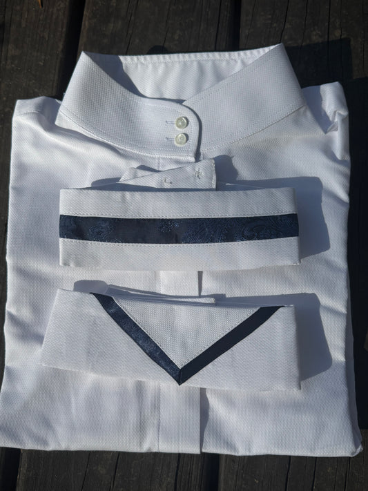 Boo Yah White Shirt with Navy Print Stripe and Navy V Collars - Size 38