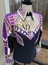 Load image into Gallery viewer, Unbridled Couture Showmanship, Horsemanship, Vest &amp; Day Shirt Magenta Purple &amp; Gold 4 Piece Set - YOUTH Large/ADULT XS
