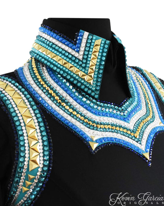 Kevin Garcia Originals Turquoise, Blue, Crystal & Gold Back Zip- Apx 12/14
