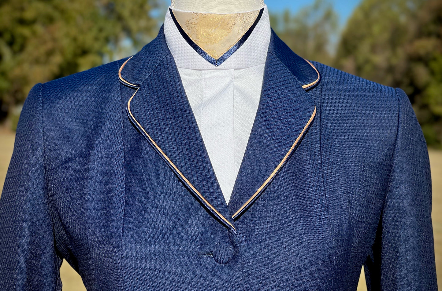 Boo Yah Silver Shirt with Thick Black Velvet Ribbon Piping and Gold Print Filled V Collars - Size 32