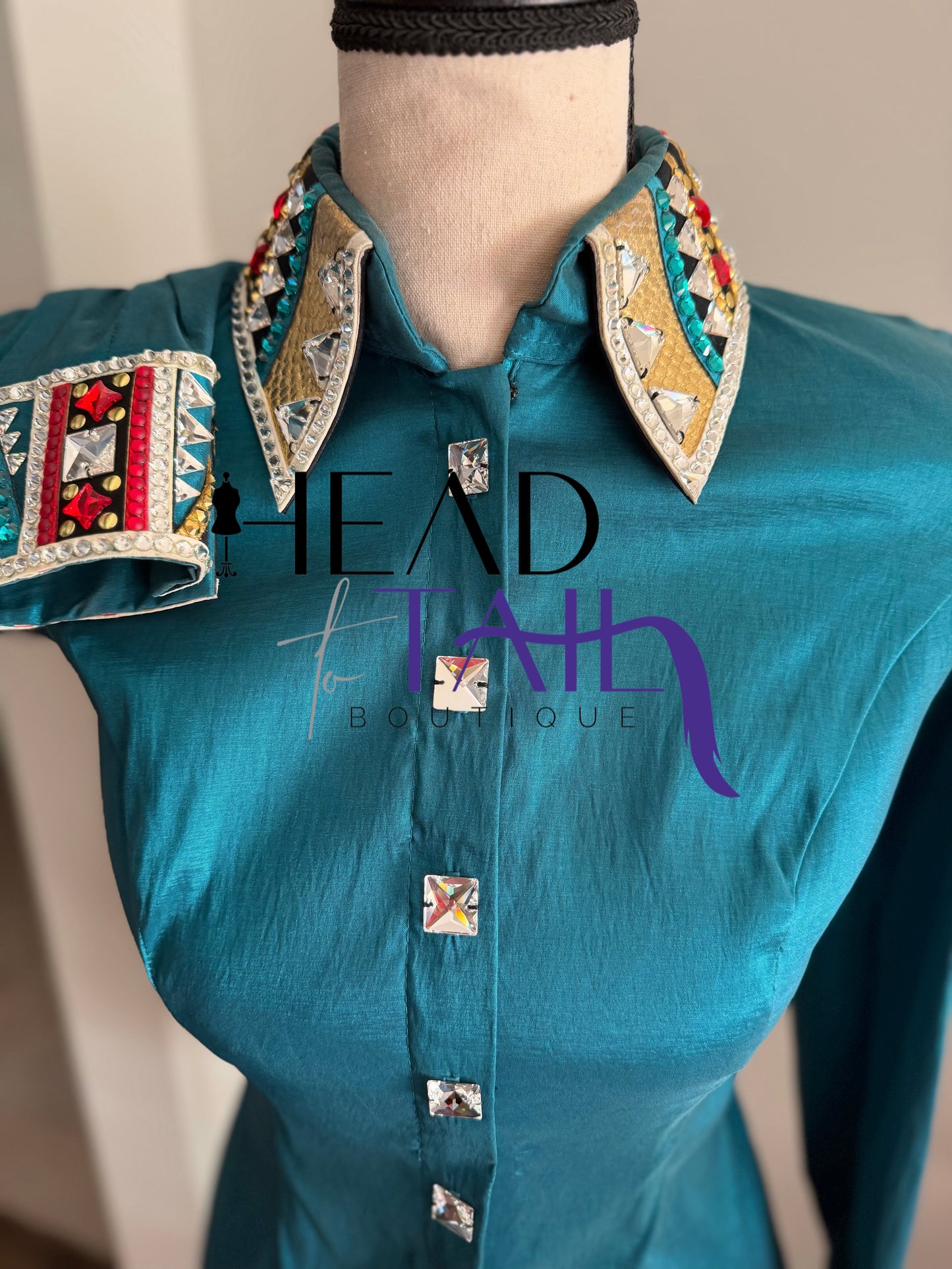 Lindsey James Show Clothing Jade, Red, Gold & Crystal Shirt & Vest- Appx Medium