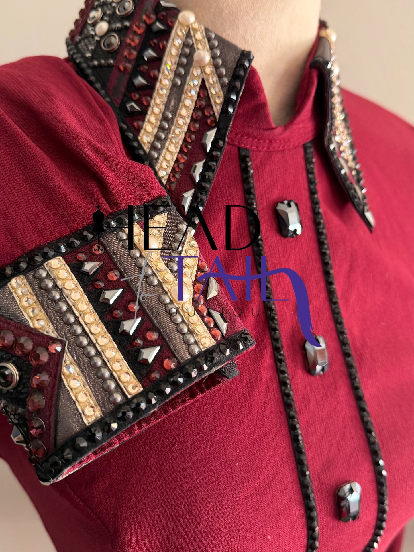 Lindsey James Show Clothing Merlot, Charcoal, Silver & Gold Shirt & Bolero- X-Small/Small