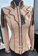 Load image into Gallery viewer, Lindsey James Show Clothing Tan &amp; Brown w/ conchos &amp; fringe Day Shirt - Small/Medium
