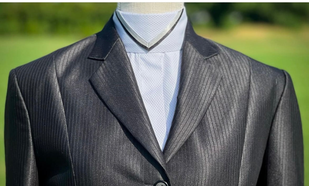 Boo Yah Silver Shirt with Thick Black Velvet Ribbon Piping and Gold Print Filled V Collars - Size 32