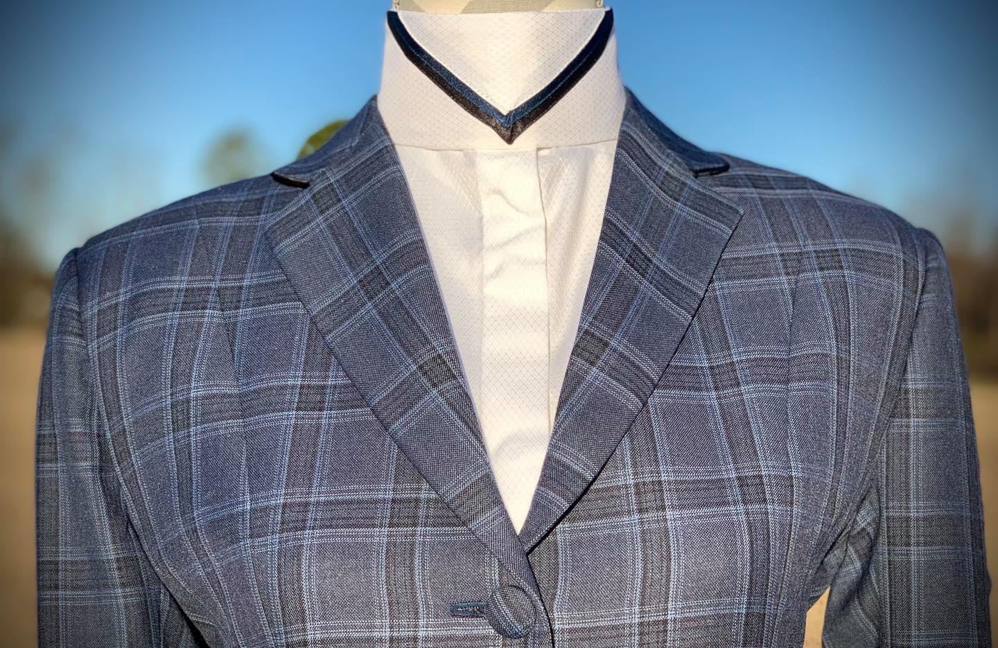 Boo Yah White Shirt with Navy Ribbon Piping and Navy/Black V Collars - Size 34