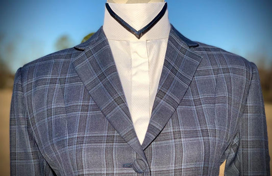 Boo Yah White Shirt with Navy Ribbon Piping and Navy/Black V Collars - Size 34