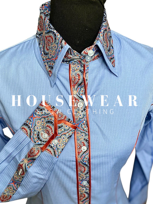 HouseWear Tailored Collection Light Blue w/Peach Orange Paisley - Small