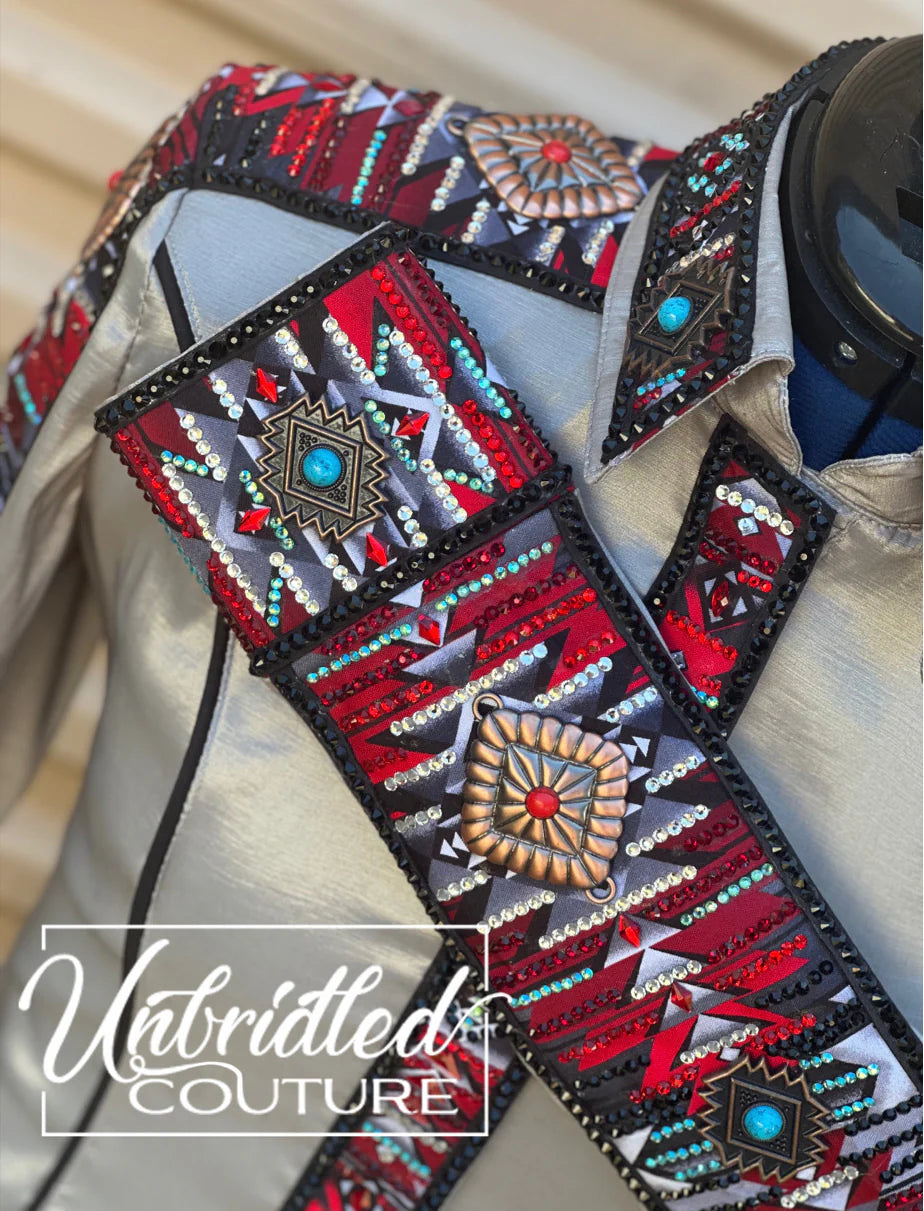 Unbridled Couture Platinum Base with Aztec red, turquoise and mixed metal accents- Medium