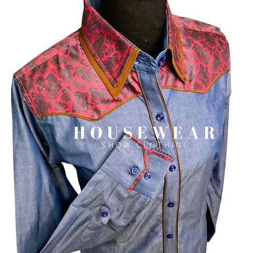 HouseWear Tailored Collection Denim & Burnt Red Print Yoke with Camel - Large