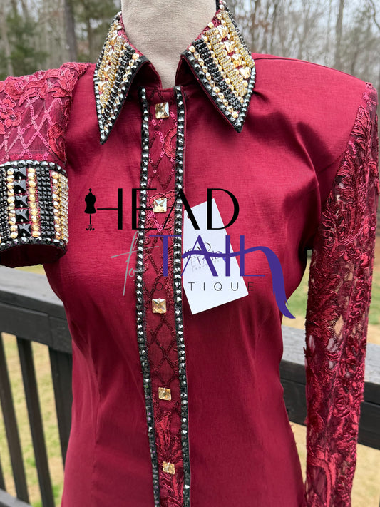 Unbridled Couture Merlot & Gold Day Shirt w/Sheer Sleeves - Medium