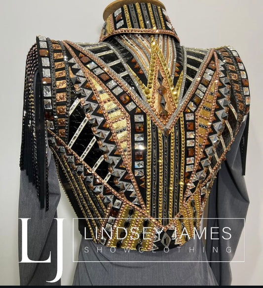 Lindsey James Show Clothing Black, Tans, Metals, Day Shirt & Bolero- Appx Size 4/6