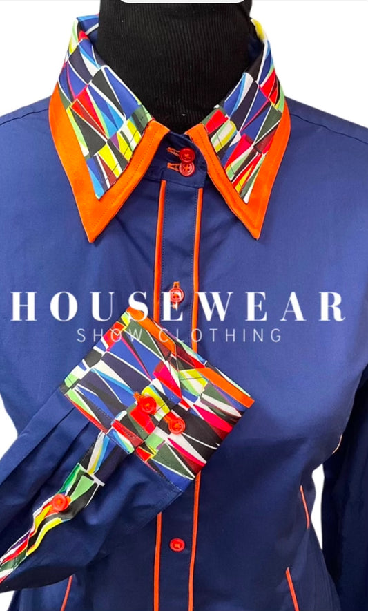 HouseWear Tailored Collection Royal Blue & Multi- Color Print w/ Orange - Large