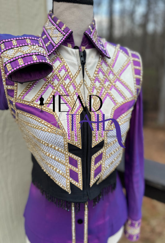 Unbridled Couture  Horsemanship, Vest & Day Shirt Magenta Purple & Gold 3 Piece Set - YOUTH Large/ADULT XS