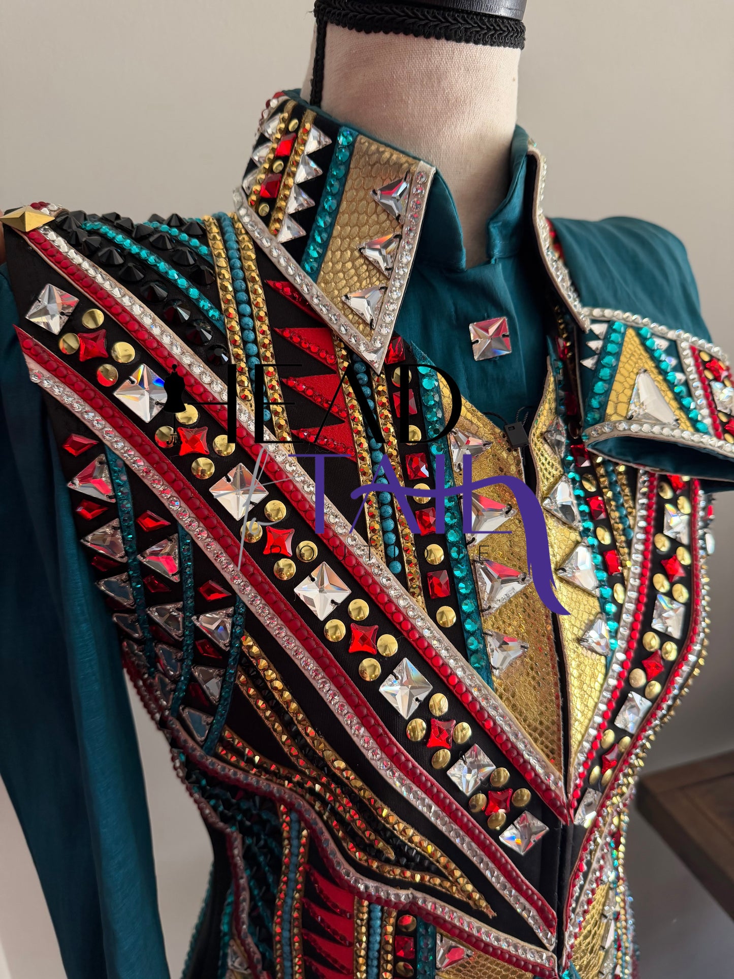 Lindsey James Show Clothing Jade, Red, Gold & Crystal Shirt & Vest- Appx Medium