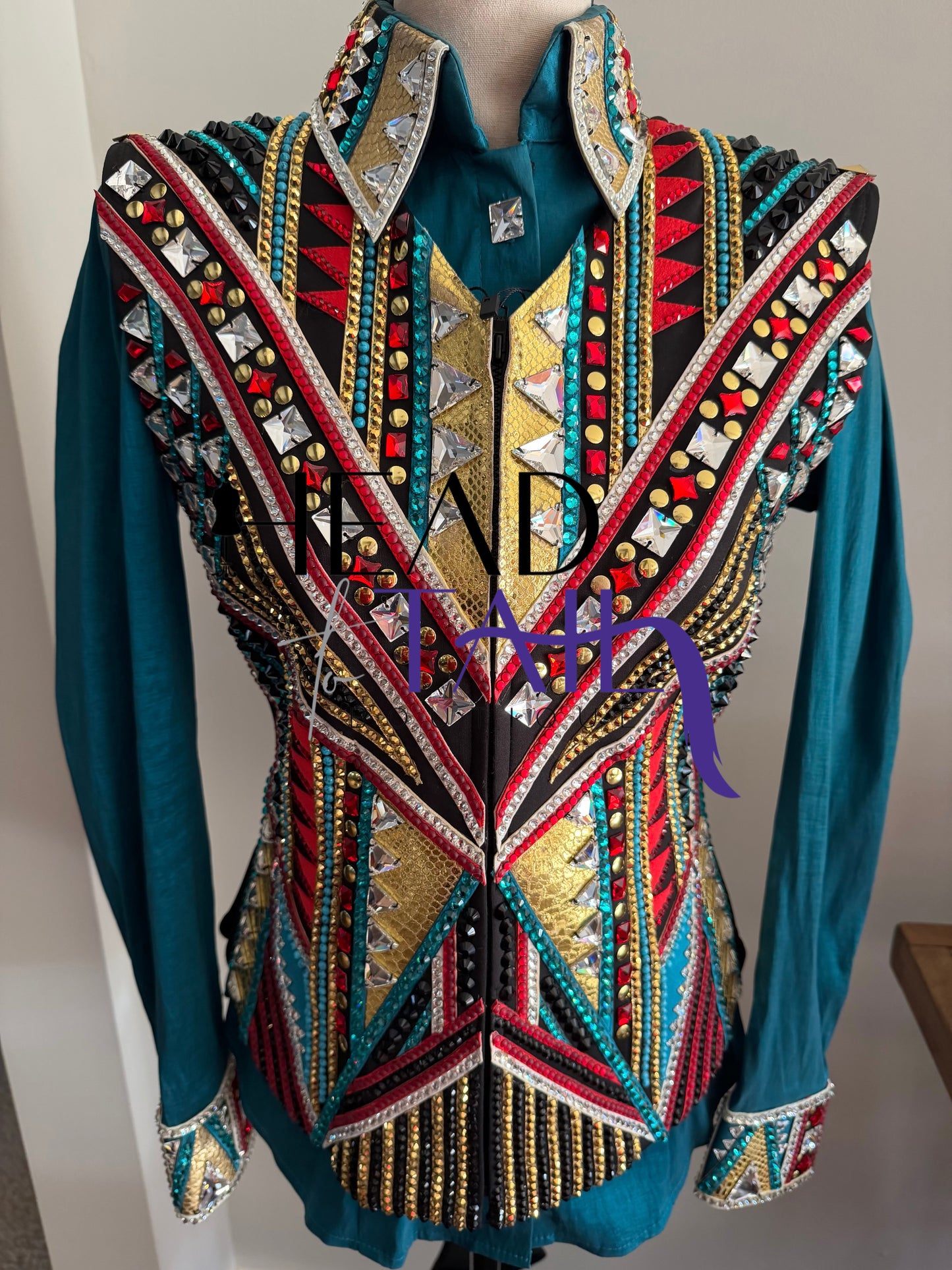 Lindsey James Show Clothing Jade, Red, Gold & Crystal Shirt & Vest- Appx Medium