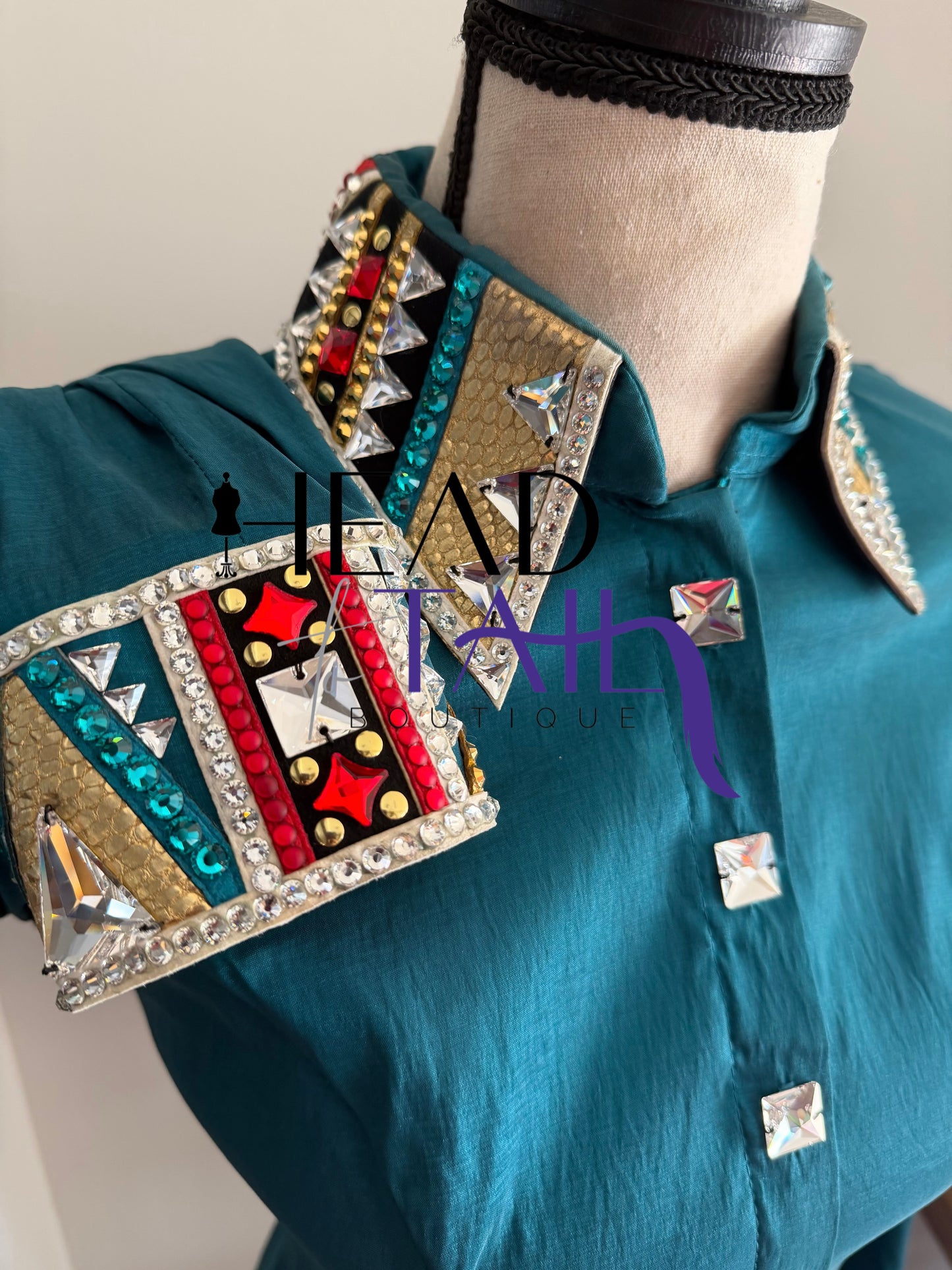 Lindsey James Show Clothing Jade, Red, Gold & Crystal Shirt & Vest- Appx Medium