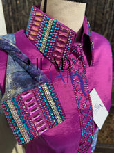 Load image into Gallery viewer, Unbridled Couture Fuchsia Base w/ Blues &amp; Purple Sheer Sleeves - Medium
