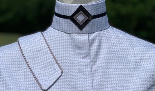 Boo Yah Silver Houndstooth Shirt with Thin Silver Piping and Black/Silver Open Diamond Collars - Size 32