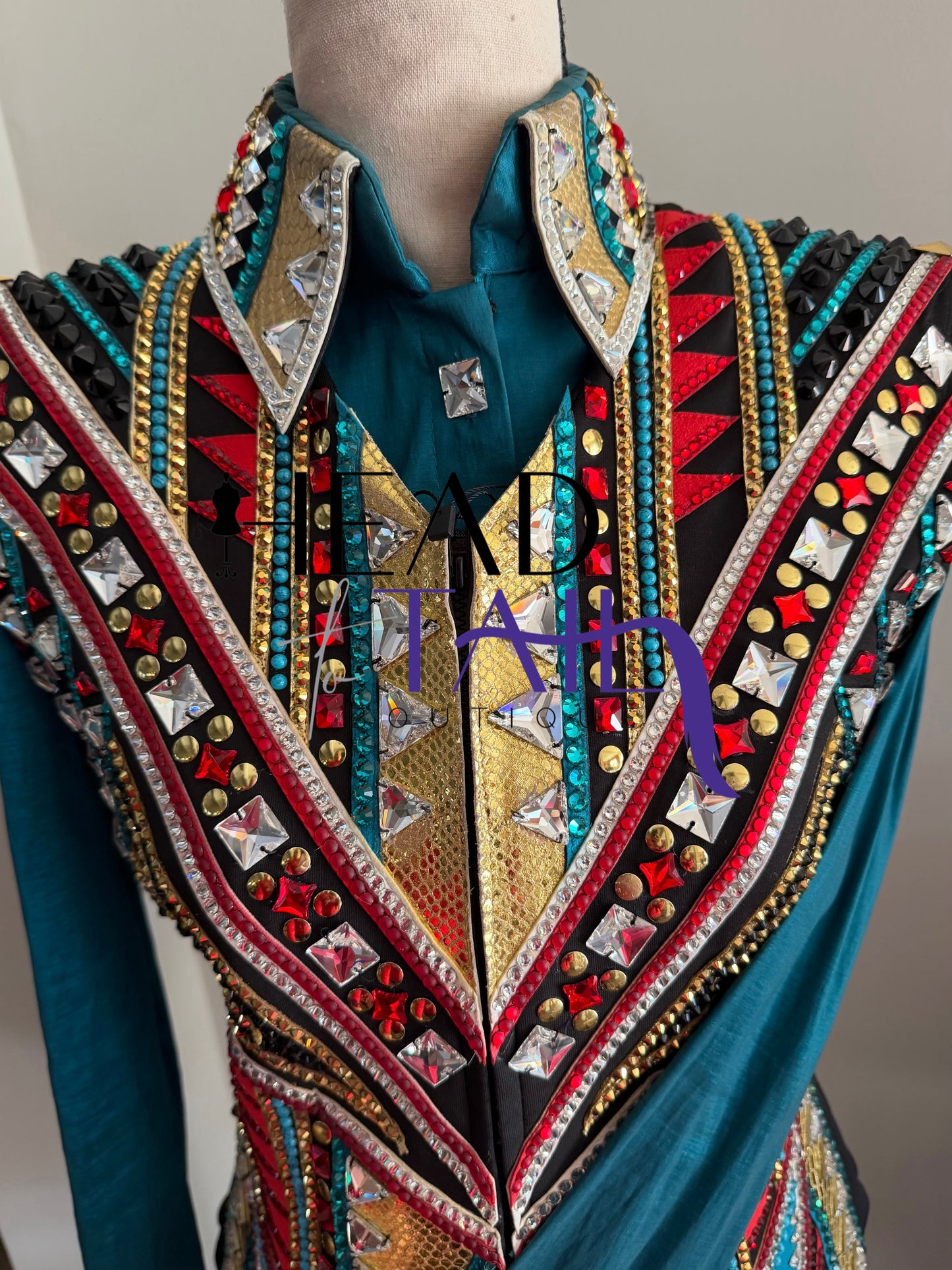 Lindsey James Show Clothing Jade, Red, Gold & Crystal Shirt & Vest- Appx Medium