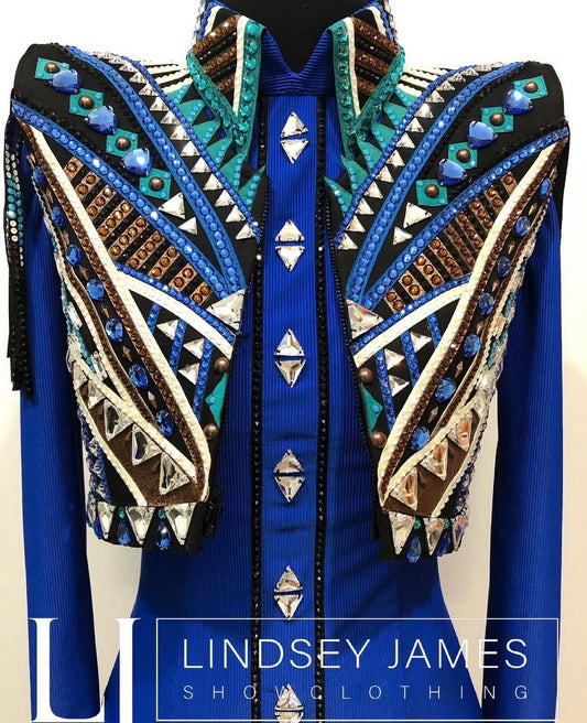 Lindsey James Show Clothing Royal Blue, Copper & Teal Day Shirt & Bolero- Appx X-Small/Small