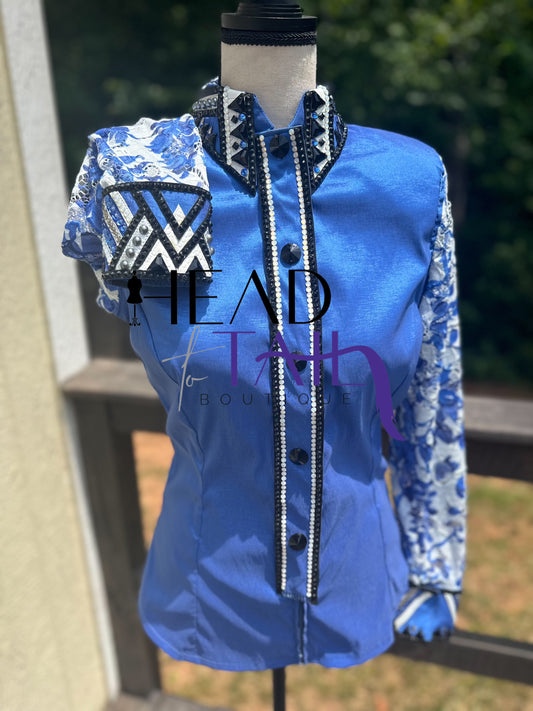 Kara Langeland Royal Blue & Floral Sheer Sleeves - Small - FINAL SALE