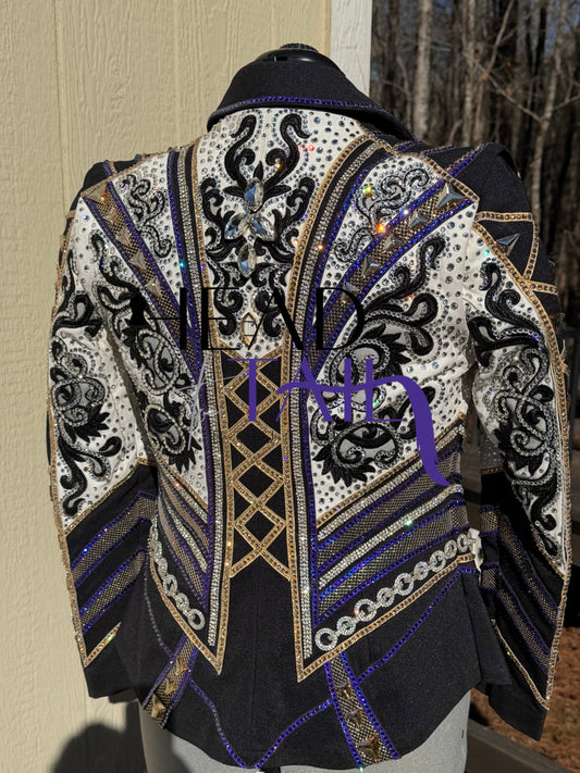 Unbridled Couture Black, White, Purple & Gold Showmanship Jacket (& vest) - Medium
