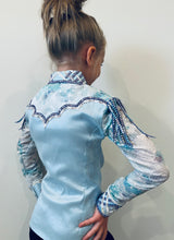 Load image into Gallery viewer, Kara Langeland Light Blue &amp; Purple w/ Sheer Sleeve &amp; Fringe Day Shirt - YOUTH
