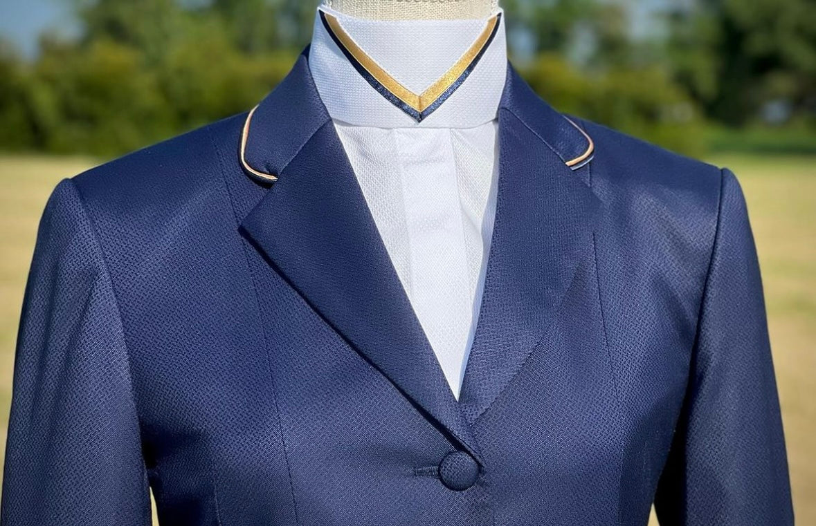 Boo Yah White Shirt with Black Velvet Ribbon Strip w/Gold and Navy/Gold V Collars - Size 32