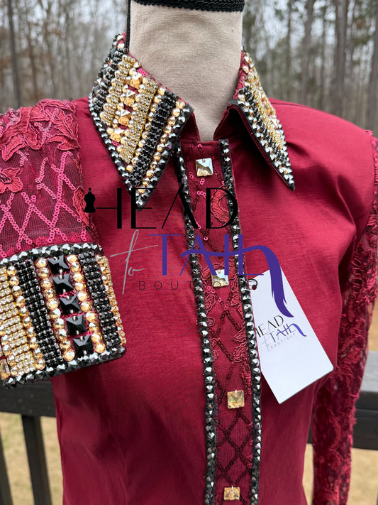 Unbridled Couture Merlot & Gold Day Shirt w/Sheer Sleeves - Medium