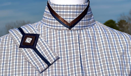 Boo Yah Hunt Shirt with Thick Navy Stripe and Brown/Navy V Collars - Size 36