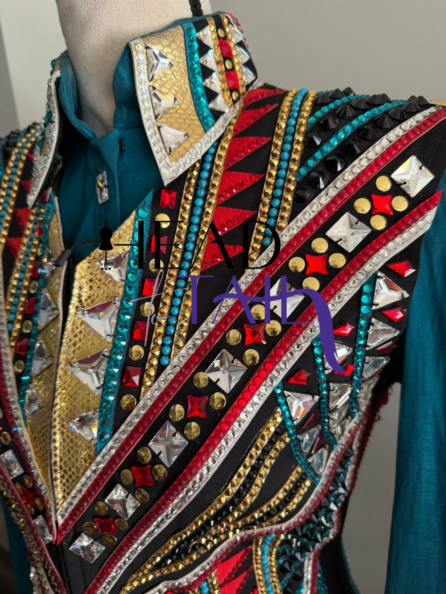 Lindsey James Show Clothing Jade, Red, Gold & Crystal Shirt & Vest- Appx Medium