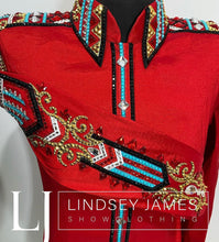 Load image into Gallery viewer, Lindsey James Show Clothing Red, Light Blue &amp; Gold Full Sleeve Day Shirt - Small
