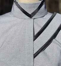 Load image into Gallery viewer, White/Black Geo Print: Black Thick Piping &amp; Double Black V Collars - Size 36
