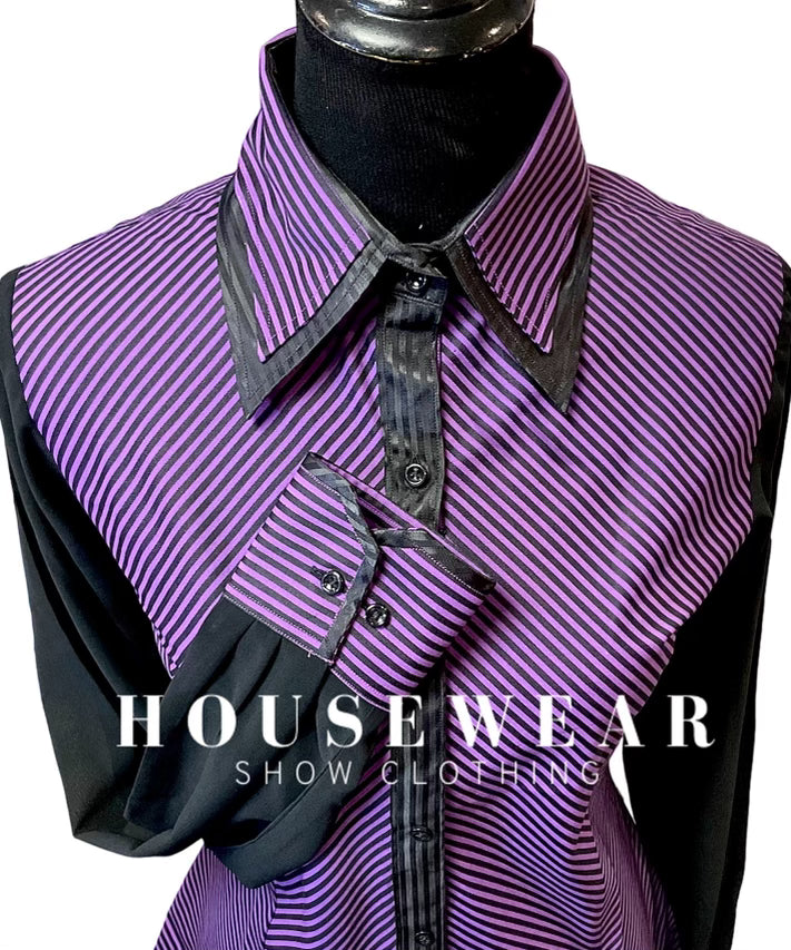 HouseWear Tailored Collection Purple & Black Stripe w/Black Sheer Sleeves- Large