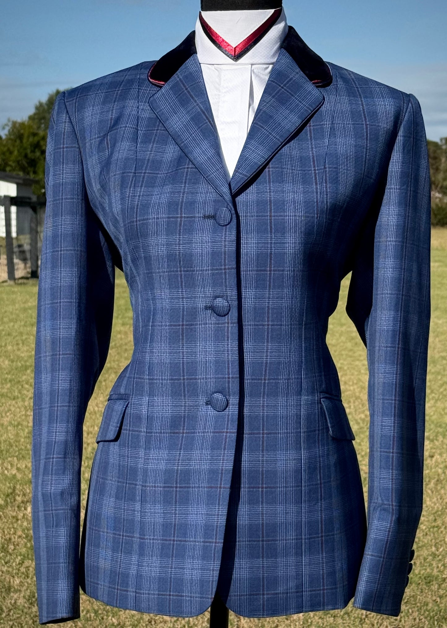 Boo Yah Blue & Burgundy Plaid w/ Navy Velvet and Double Navy/Burgundy Piping - Size 10
