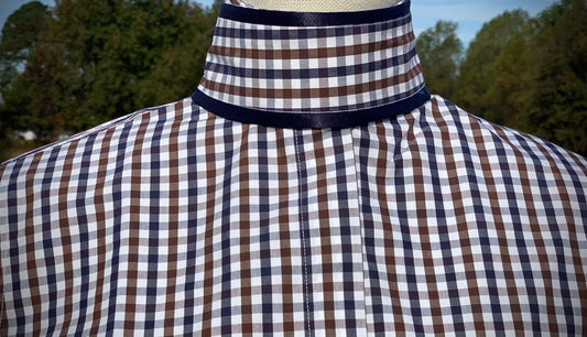 Navy, Brown & White Check Pattern w/ Navy/Brown V and Navy Ribbon Piping Collars - Size 36