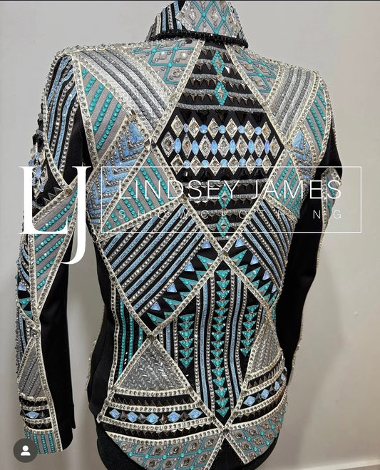 Lindsey James Show Clothing Blue, Silver, White  & Turquoise Showmanship Jacket - Medium/Large