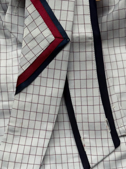 Light Blue w/ Burgundy Squares & Deep Red/Black V and Black Thick Piping Collars - Size 36