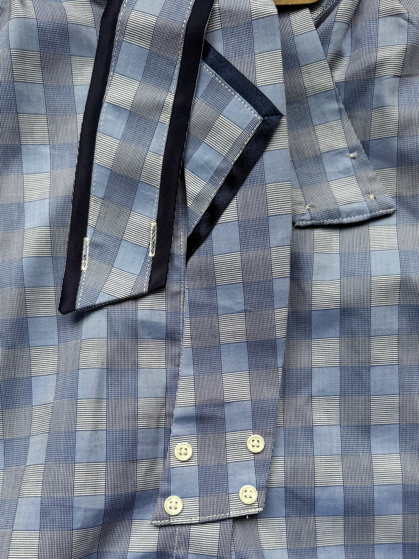 Light Blue Square Print w/ Navy V & Navy Ribbon Piping Collars - Size 36