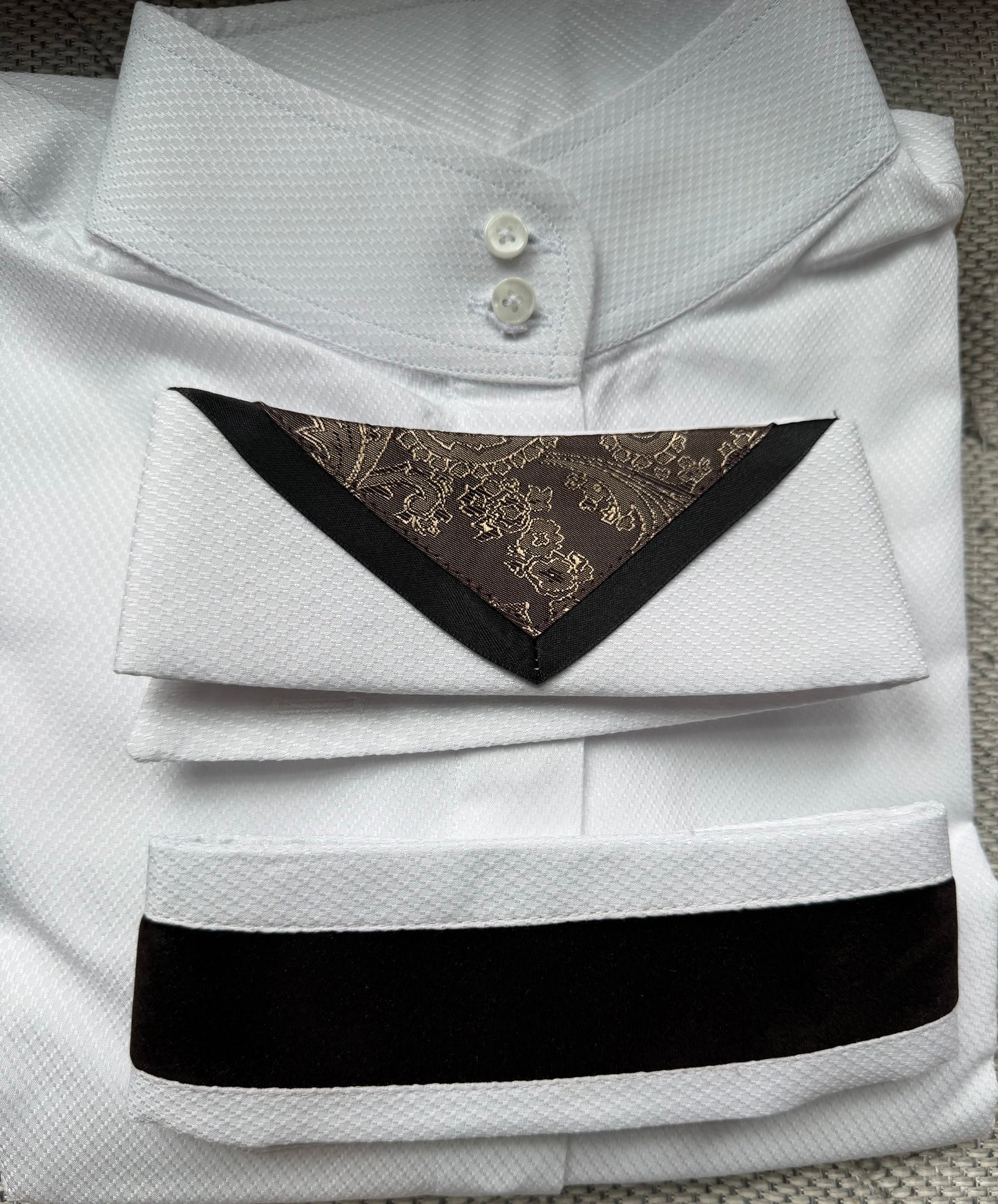 White Shirt with Gold/Brown Print V and Black Velvet Ribbon Collars - Size 38