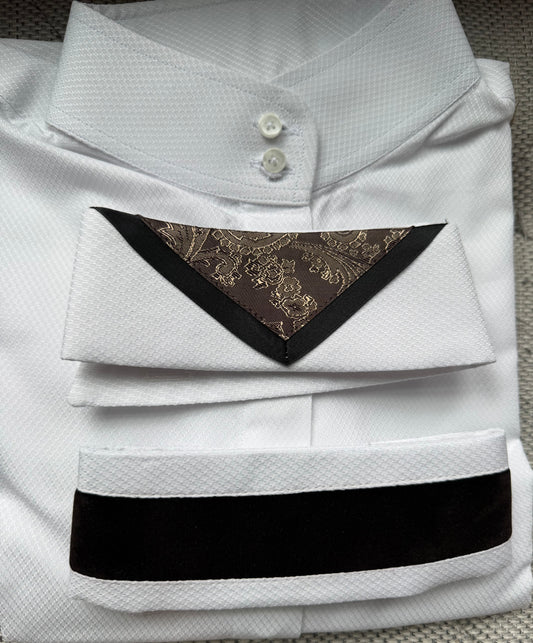 White Shirt with Gold/Brown Print V and Black Velvet Ribbon Collars - Size 38