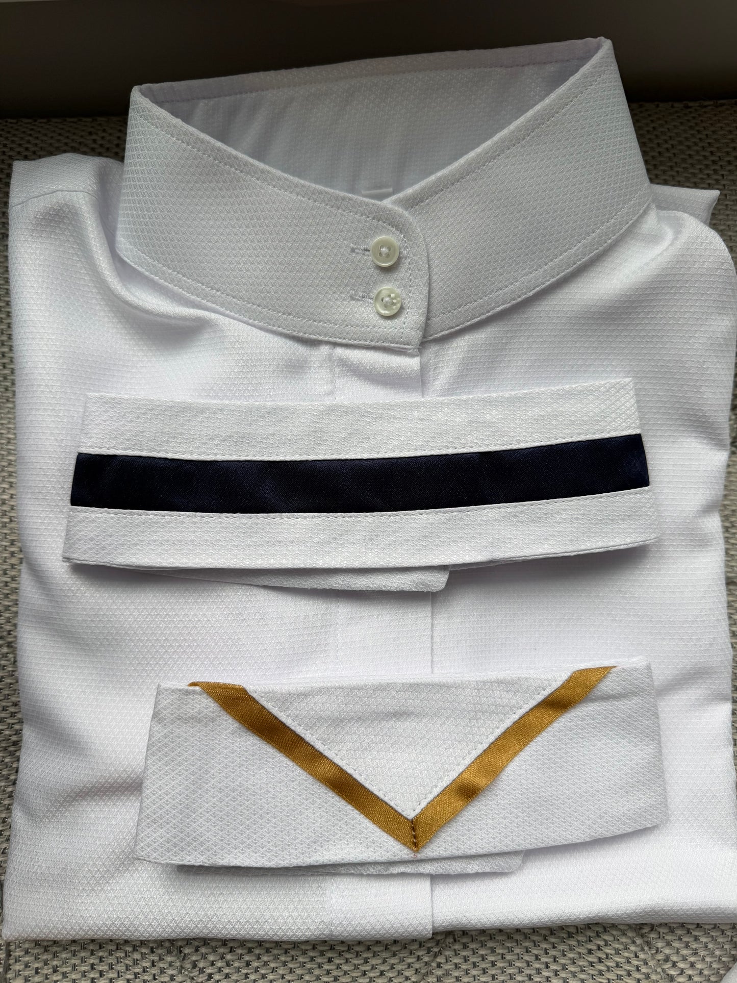 White Shirt with Black Ribbon and Gold V Collars - Size 38