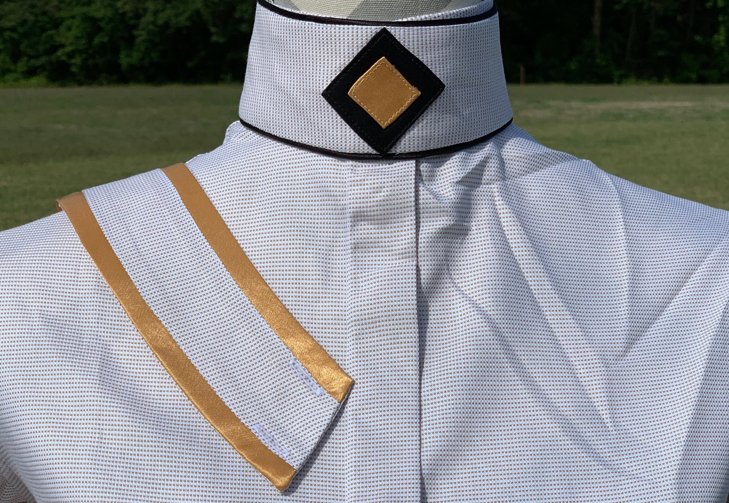 Gold Print w/ Gold Ribbon & Navy Piping Collars - Size 38