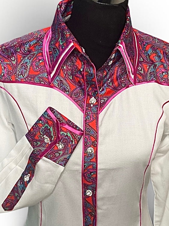 HouseWear Tailored Collection White & Pink/Purple Print Yoke- Medium