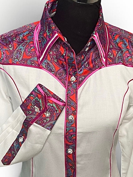 HouseWear Tailored Collection White & Pink/Purple Print Yoke- Medium