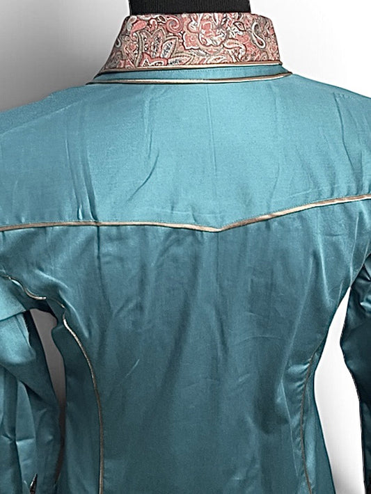 HouseWear Tailored Collection Turquoise & Tan Print Yoke- Medium