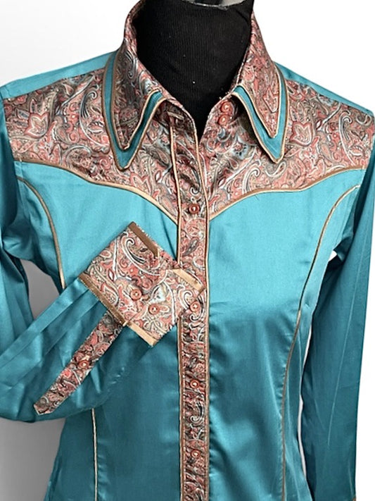 HouseWear Tailored Collection Turquoise & Tan Print Yoke- Medium