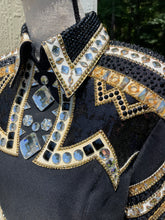 Load image into Gallery viewer, One of a Kind Black, White &amp; Gold Horsemanship Shirt
